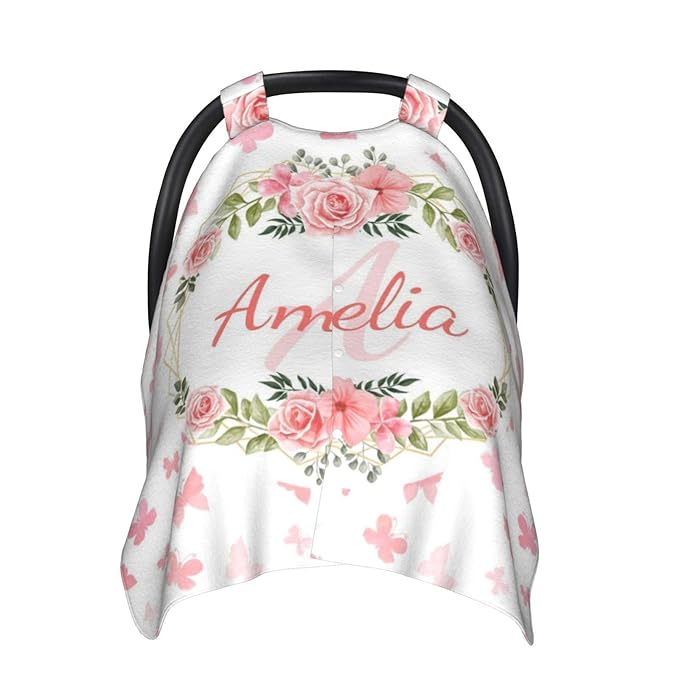 Customized Baby Car Seat Cover with Name, Personalised Butterfly Baby Carseat Canopy for Girls, Multi-use Nursing Breastfeeding Covers for Infant Newborn, Shower Gifts for Babies