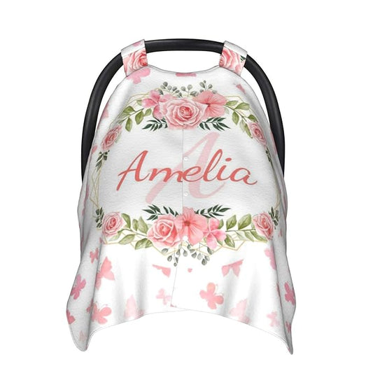 Customized Baby Car Seat Cover with Name, Personalised Butterfly Baby Carseat Canopy for Girls, Multi-use Nursing Breastfeeding Covers for Infant Newborn, Shower Gifts for Babies