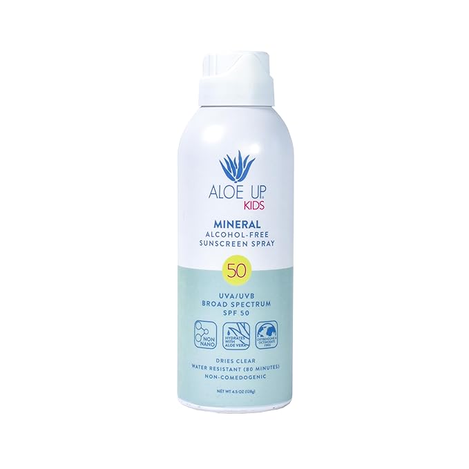 Aloe Up Kids Mineral Sunscreen Spray SPF 50 – Broad Spectrum Protection for Face & Body – Gen2 Zinc Oxide & Aloe Vera Gel – Reef Friendly, Water Resistant 80 Minutes – Fragrance-Free – 4.5 Oz