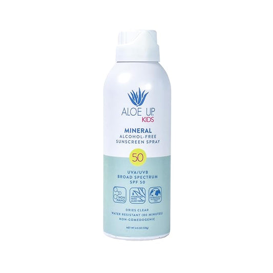 Aloe Up Kids Mineral Sunscreen Spray SPF 50 – Broad Spectrum Protection for Face & Body – Gen2 Zinc Oxide & Aloe Vera Gel – Reef Friendly, Water Resistant 80 Minutes – Fragrance-Free – 4.5 Oz