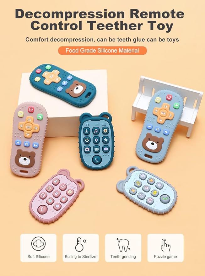 HippoBaby 2-Pack Silicone Teethers – Remote Control & Phone Teething Toys with Popper Buttons, BPA-Free, CPC Certified Baby Essentials for Infants & Toddlers (Remote/Phone - Blue/Dark Blue)