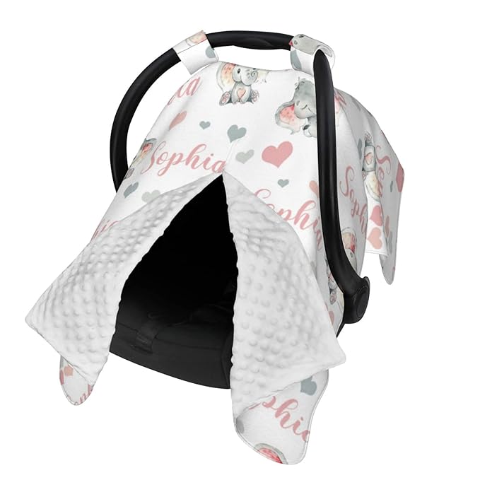 Personalized Cute Elephant Baby Car Seat Canopy for Babies with Name, Custom Car Seat Covers for Girls, Peekaboo Opening Minky Nursing Breastfeeding Cover Infant Car Seat Canopies for Newborn