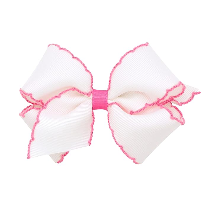 Wee Ones Girls' Classic Grosgrain Moonstitch Edge Hair Bow, No-Slip Hair Clip, Handmade, White with Hot Pink, Small