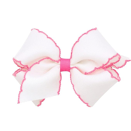 Wee Ones Girls' Classic Grosgrain Moonstitch Edge Hair Bow, No-Slip Hair Clip, Handmade, White with Hot Pink, Small