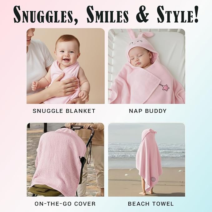 Milk&Moo Baby Hooded Towel, 100% Organic Turkish Cotton, Ultra Absorbent Bath Towel with Hood, 27x47 Inch, for Baby Boys & Girls (0-2 Years, Pink)