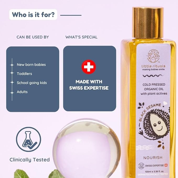 Little Rituals BLACK SESAME - BABY MASSAGE OIL Certified Organic, Wood Cold-Pressed for Skin and Hair with SWISS Plant Actives - 200 ml. Dermatologist Tested by Pediatrics, Mild & Gentle & Safe