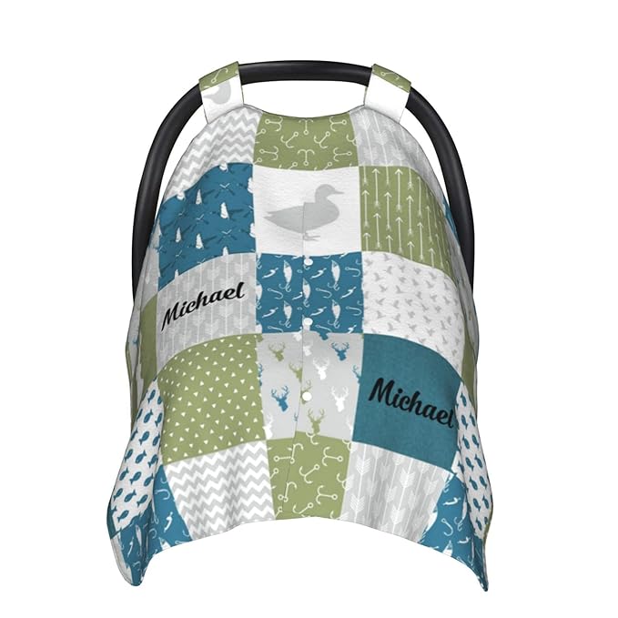 Personalized Deer Duck Woodland Baby Car Seat Canopy for Babies with Name, Custom Car Seat Covers for Girls, Peekaboo Opening Minky Nursing Breastfeeding Cover Infant Car Seat Canopies for Newborn