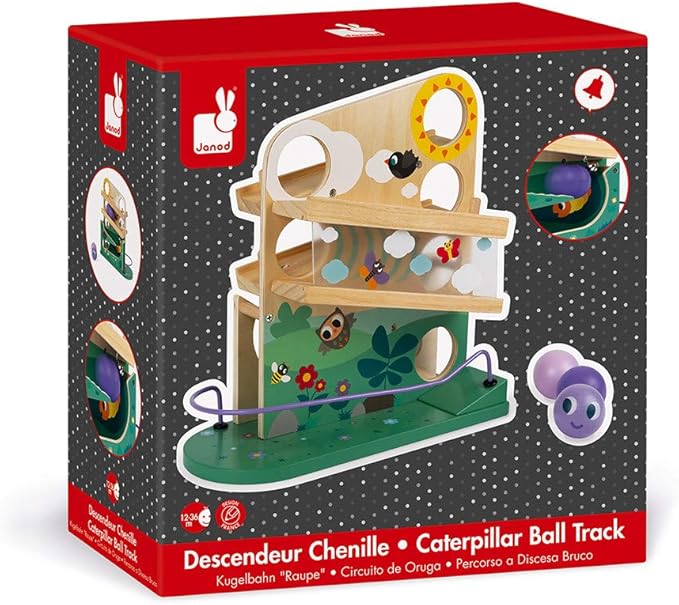 Janod - Wooden Caterpillar Ball Track 11.3x4.7x12 - Motor Skills Development - Boosts Imagination - Encourages Creative Play and Cognitive Growth - Safe Quality Materials