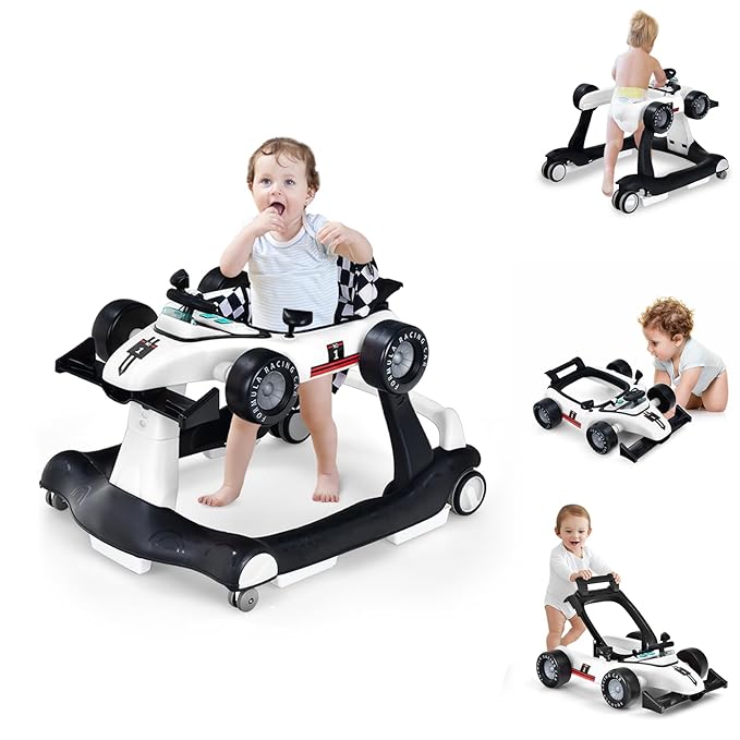 HOMGX Baby Walker with Wheels, Convertible Baby Push Walker & Race Car Mode, Infant Activity Center with Music Box, 3 Heights & 2 Speeds, Foldable Walkers for 6-18 Months (White)