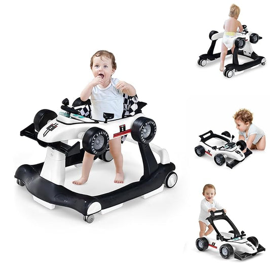 HOMGX Baby Walker with Wheels, Convertible Baby Push Walker & Race Car Mode, Infant Activity Center with Music Box, 3 Heights & 2 Speeds, Foldable Walkers for 6-18 Months (White)