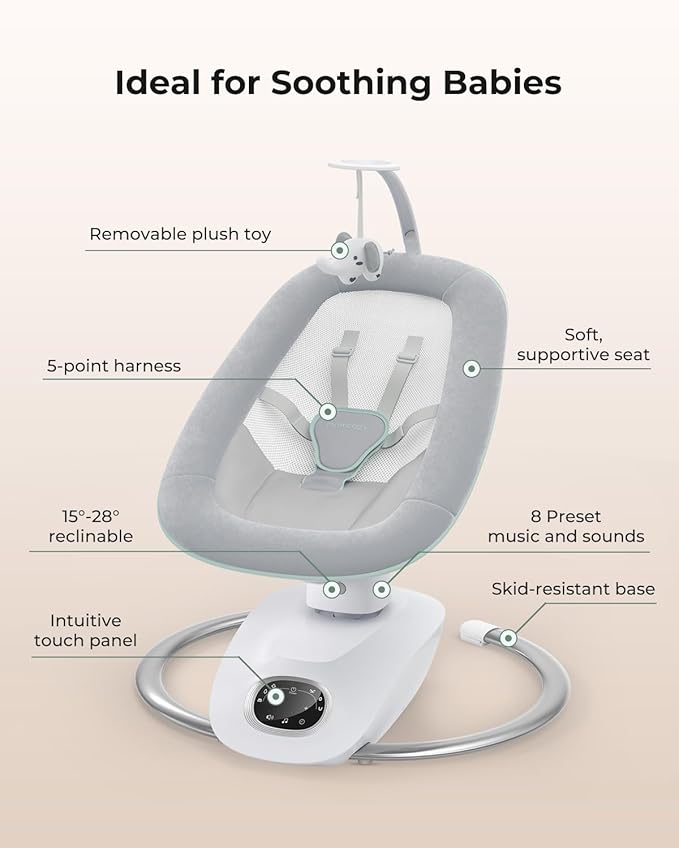 Momcozy CocoSway Baby Swing, Electric Swing for Infants with 180° Rotating Seat, 6 Soothing Sway Motions & 4 Speeds, Remote & Touchscreen, 8 Preset Lullabies, Grey