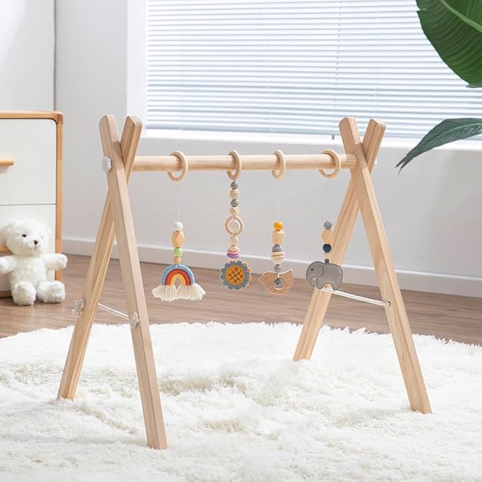 Wooden Baby Play Gym with Hanging Bar, 4 Gym Toys and Natural Pine Wood, Perfect for Infant Development