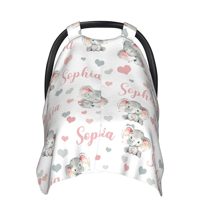 Personalized Elephants Pink Baby Car Seat Canopy for Babies with Name, Customized Stroller Car Seat Covers for Girls, Minky Nursing Carseat Cover for Breastfeeding, Car Seat Canopies for Newborn