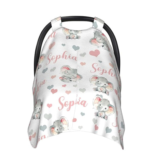 Personalized Elephants Pink Baby Car Seat Canopy for Babies with Name, Customized Stroller Car Seat Covers for Girls, Minky Nursing Carseat Cover for Breastfeeding, Car Seat Canopies for Newborn