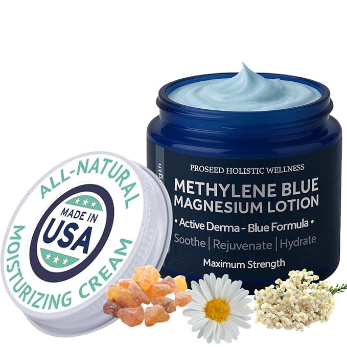 ProSeed Magnesium Lotion with Methylene Blue – Hydrating Face & Body Moisturizer with Yarrow, Turmeric, Chamomile & Vitamin E – Fast-Absorbing Cream for Dry Skin, Family-Friendly, 2 oz