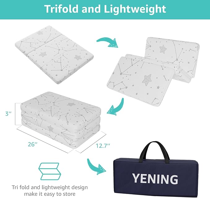 YENING Trifold Pack and Play Mattress Pad Foldable 38x26 Waterproof Baby Mattress for Pack N Play Matress Topper Breathable 1" Thick