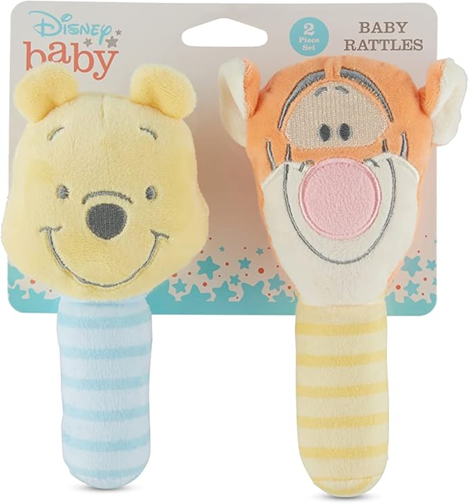 Disney Winnie The Pooh and Tigger Assorted Plush Lovie Rattle Set Pack of 2 - Soft and Cuddly Plush Material, Built-in Rattle for Sensory Stimulation,Vibrant Colors and Intricate Details