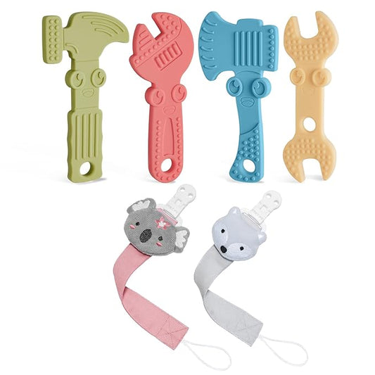 TYRY.HU 4 Pack Baby Teething Toys for Babies 0-36 Months with Neutral Pacifier Clip