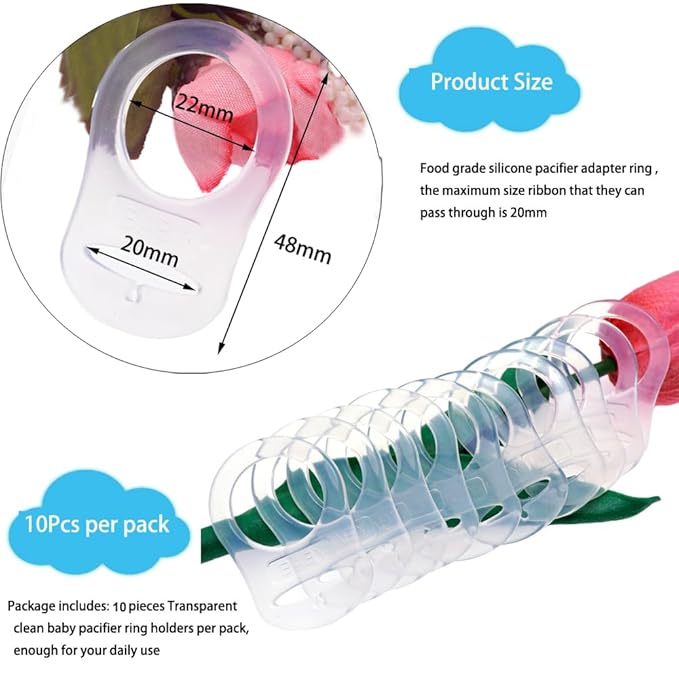 10 Clean Food Grade Transparent Silicone Adapter Rings Holder for Button Style Maam Dummy Baby Pacifier Soother Teething Ribbon Clip