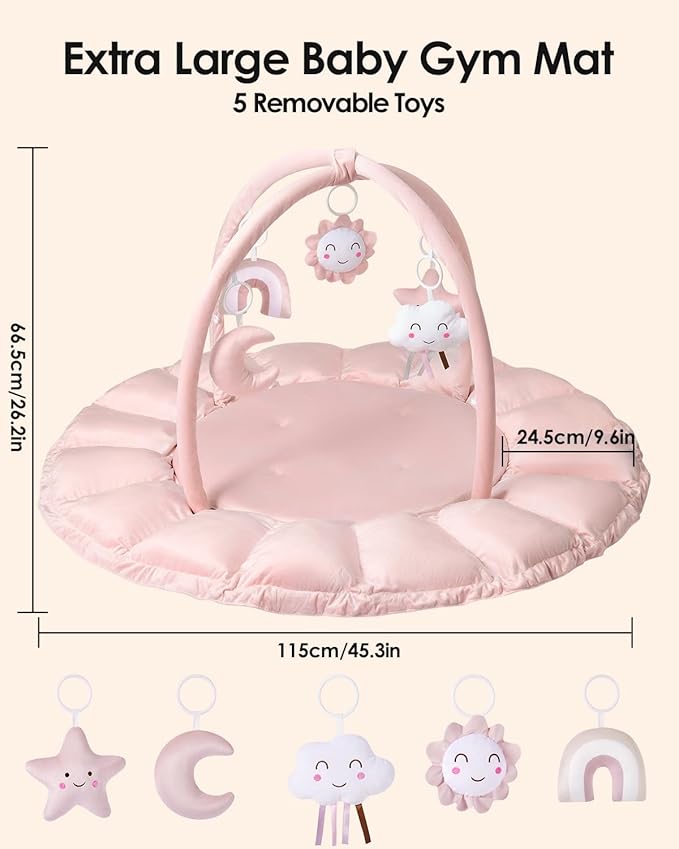 5-in-1 Convertible Baby Gym Play Mat with Hanging Toys, Soft Padded Activity Center & Ball Pit, Plush Tummy Time Mat for Newborns to Toddlers, Machine Washable, Pink