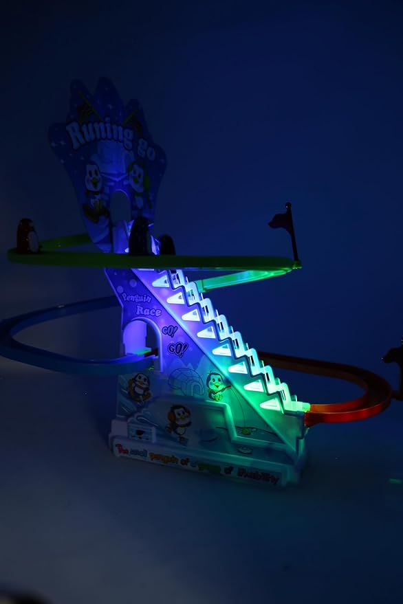 Musical Fun Penguin Chasing Track Game, Playful Roller Coaster Toys for Toddlers and Kids, Playset with Flashing Light,On and Off Music Switch, Stair Climbing Penguins Set for Kids 3+