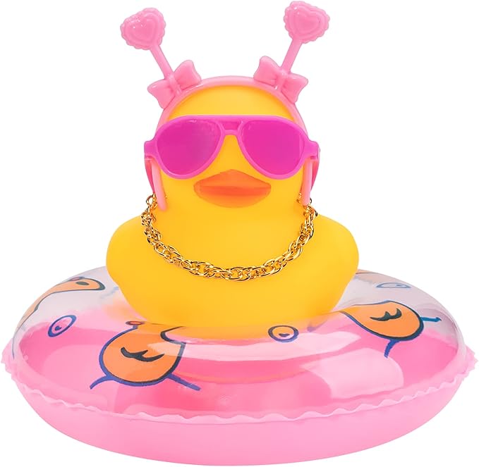 wonuu Car Duck Rubber Duck Car Ornaments Duck Car Dashboard Decorations with Cute Headband Swim Ring Necklace Sunglasses, B-Pink Double Heart Headband
