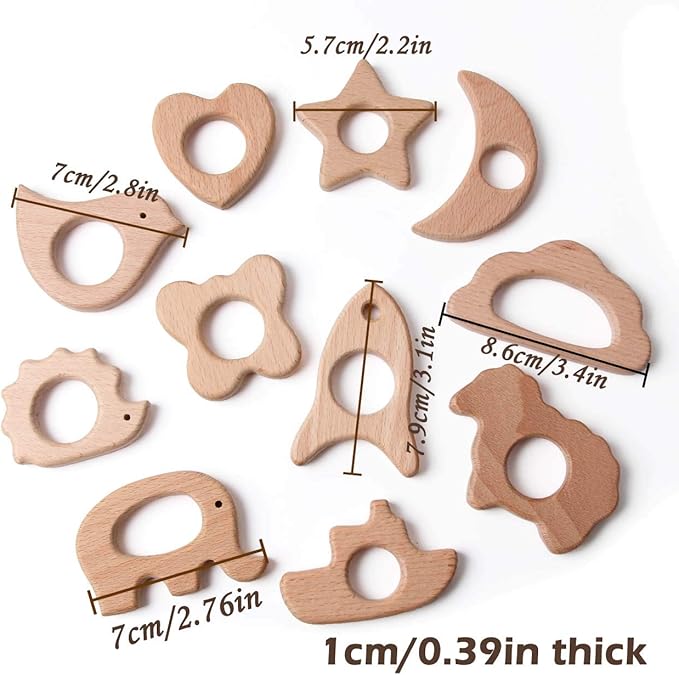 Wood Teethers for Babies DIY Necklace and Bangles Soothes Gum Pain Molar Teething Wood, Bird Elephant Sheep Moon Rocket Butterfly Star Heart Hedgehog Ship Cloud