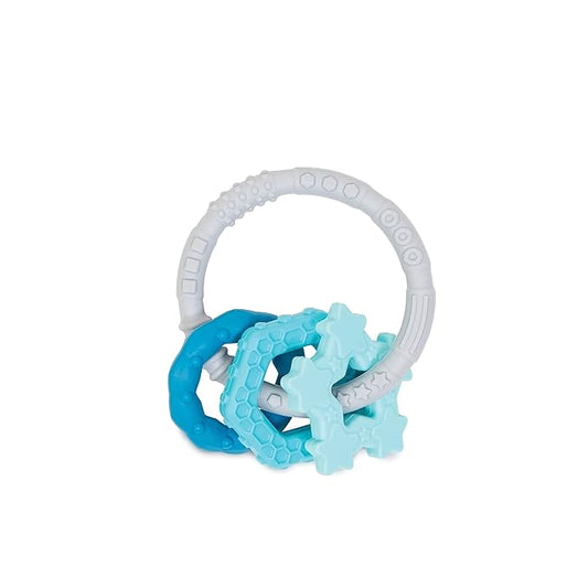 Bumkins Baby Teething Freezer Toy Keys Rings, Soft Flexible Pacifier to Chew, Cool Teether Gum Relief, Babies 3 Months, Freezable Platinum Silicone, Sensory Bracelet with Charms, Blue and Gray