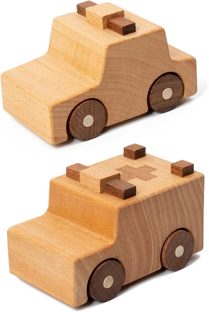 Wooden Toy Cars for 3 Year Old Boys & Girls - Construction Vehicles Set Push Toys for Toddlers, Wood Montessori Car with Rolling Wheels, Natural Wood Toys (Ambulance & Police Car)