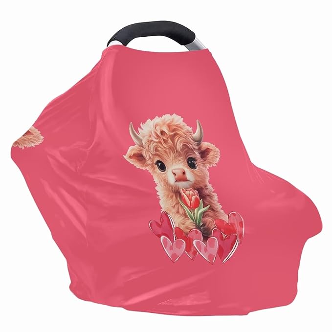 Wanyint Car Seat Covers Baby Car Canopy Shopping Cart Scarf Lightweight Stroller Cover Women Mother Nursing Breastfeeding Covers for Valentine's Day, Highland Cow Heart Tulip