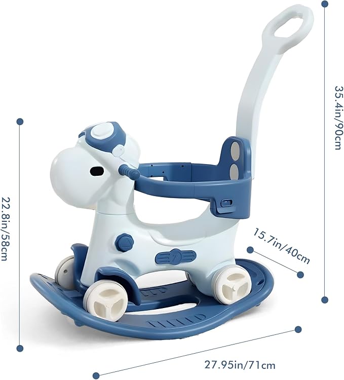 4 in 1 Rocking Horse for Toddlers 1-3 Years Old, Baby Rocking Toy Fun Birthday Gift for 1+ Kids, Ride on Toy with Guard Rails, Detachable Balance Board and Footrest with Push Handle (Blue)