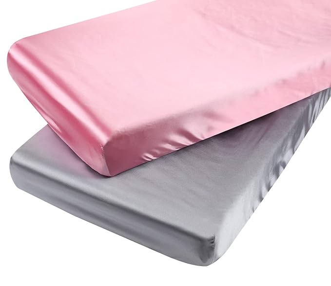 Satin Mini Crib Sheet Set 2 Pack Ultra Soft Silk Fitted Playard Sheet 24x38 Inch Protect for Baby Hair and Skin, Grey & Pink