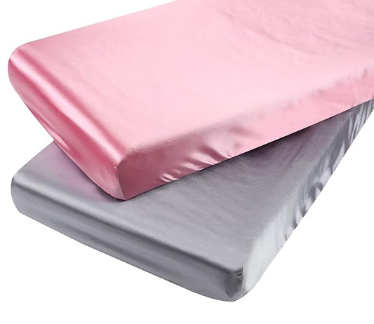 Satin Mini Crib Sheet Set 2 Pack Ultra Soft Silk Fitted Playard Sheet 24x38 Inch Protect for Baby Hair and Skin, Grey & Pink