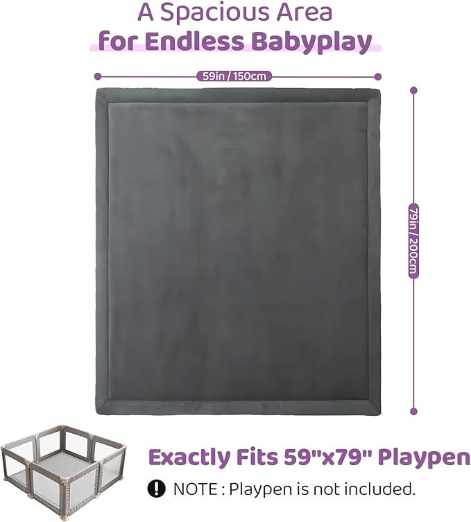Baby Play Mat for Floor, 1.3 Inch Thick Memory Foam Tummy Time Mat with Non Slip Backing, Soft Coral Velvet 59X79 Inch Playpen Mat Crawling Tatami for Infants Toddlers Kids, Dark Gray