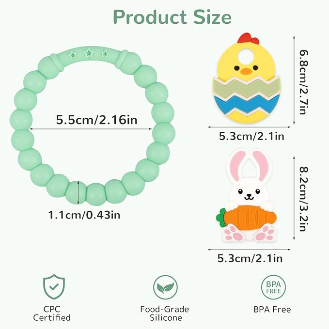 Easter Teething Ring for Baby, Bunny Carrot & Chick Egg Silicone Teether Bracelet, Sensory Chew Toys for Newborns & Infants 3–12 Months, Easter Basket Stuffers for Toddlers, Baby First Easter Gift