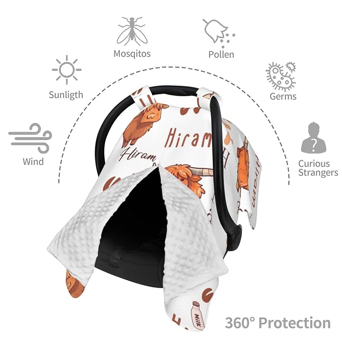Customized Highland Cow Baby Car Seat Cover for Boys Girls, Personalized Peekaboo Opening Carseat Covers with Name, Custom Nursing Covers Breastfeeding Scarf for Infant Newborn