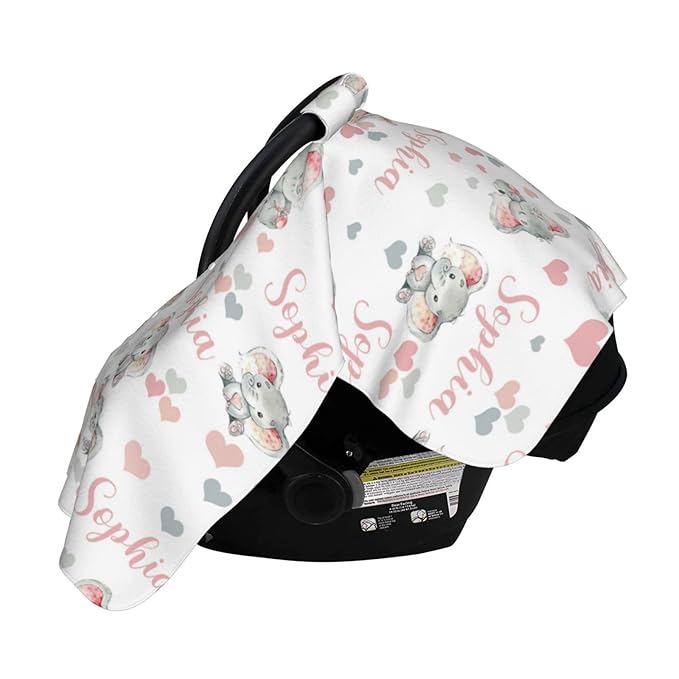 Personalized Cute Elephant Pink Baby Car Seat Canopy for Babies with Name, Custom Car Seat Covers for Girls, Peekaboo Opening Minky Nursing Breastfeeding Cover Infant Car Seat Canopies for Newborn