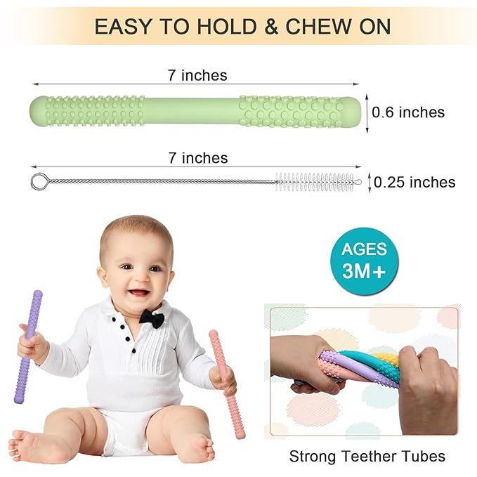 Hollow Teething Tubes Toys for Babies Girls Boys, 5 Pack Silicone Baby Teether Toy Tube for Infants with Nursing Biting Chewing, Chew Straws for Toddlers 6-12 Months (Style B)