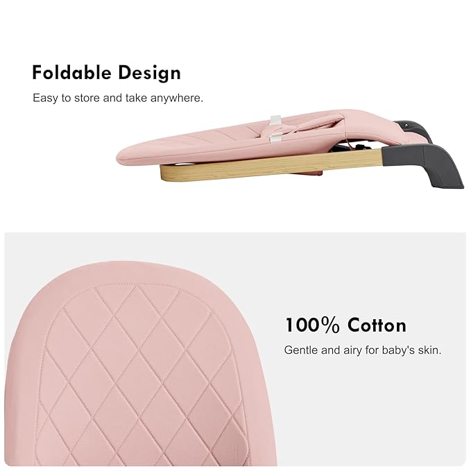Foldable Baby Bouncer, Baby Bouncer Seat with 3 Adjustable Heights, Portable Newborn Rocker, Ergonomic Bouncer Seat for Natural Bounce, Bouncer for Babies 0-6 Months, Soft Cotton (Pink)