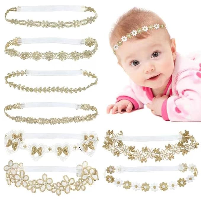 Cinaci 8 Pack Gold Delicate Flower Butterfly Leaf Stretchy Lace Headbands Baby Baptism Shower Christening Photo Props Hair Accessories for Baby Girls Infants Toddlers Kids (Gold-8 Pack)