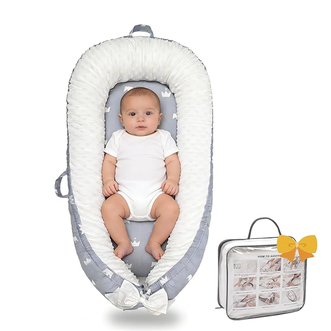 Baby Lounger-Breathable and Soft Organic 100% Cotton, Portable Infant Lounger with Removable Lounger Cover, Floor Lounger for Newborn - Grey Crown