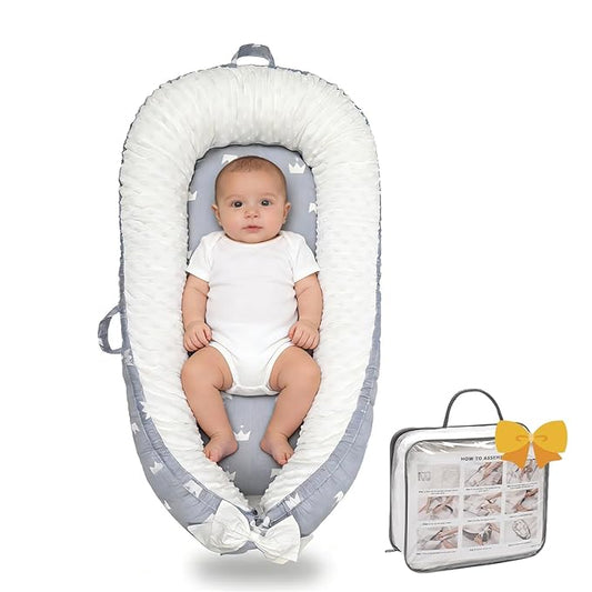 Baby Lounger-Breathable and Soft Organic 100% Cotton, Portable Infant Lounger with Removable Lounger Cover, Floor Lounger for Newborn - Grey Crown