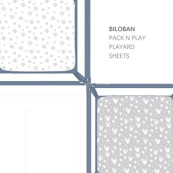 Square Playard/Playpen Fitted Sheets, Perfect for 36 X 36 Portable Playard, 2 Pack, 100% Jersey Knit Cotton Fitted Sheets, Grey Stripes and Hearts Print for Baby Boy and Baby Girl