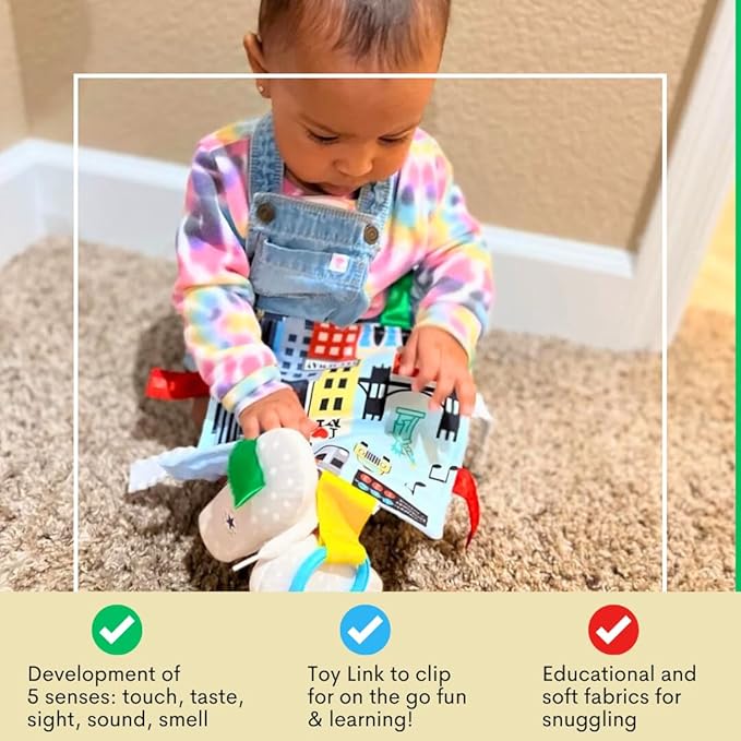 Baby Jack & Co 8x8” Learning Lovey NYC New York Tag Toys for Babies - Baby Crinkle Toys - Soft & Safe - Learn USA Cities and Shapes - Ideal Baby Toy & Gift BPA Free w/Stroller Clip