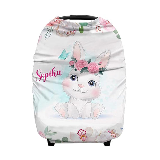 Personalized Baby Car Seat Covers with Name, Custom Nursing Cover Breastfeeding for Babies, Carseat Canopy for Girls, Infant Stroller Cover for Winter, Breathable Carseats Cover (Cute Rabbit)