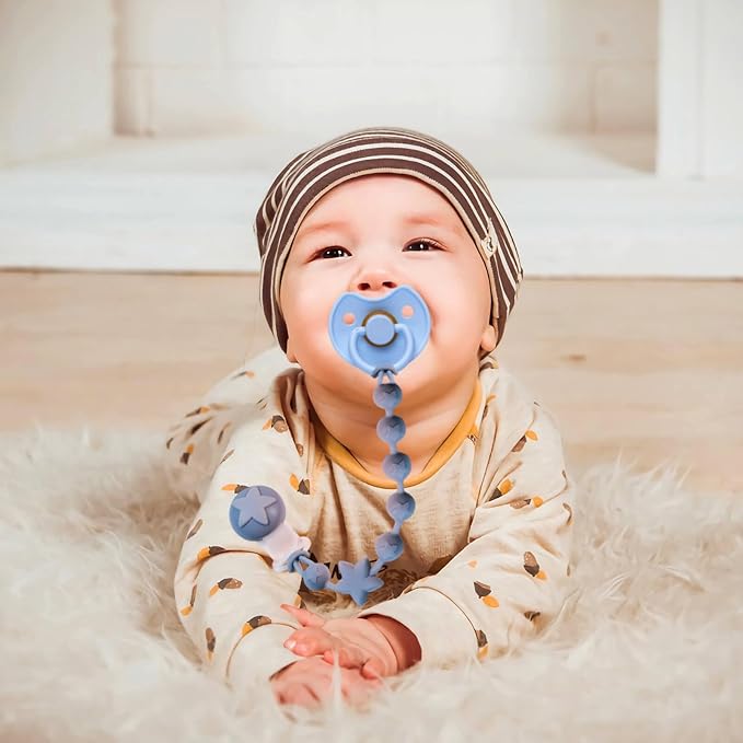 Silicone Baby Pacifier Clips for Boys and Girls, Pack of 2 Flexible Rust-Free Pacifier Holder Clip with One-Piece Design, Paci Binky Clips (Terracotta+Azure)