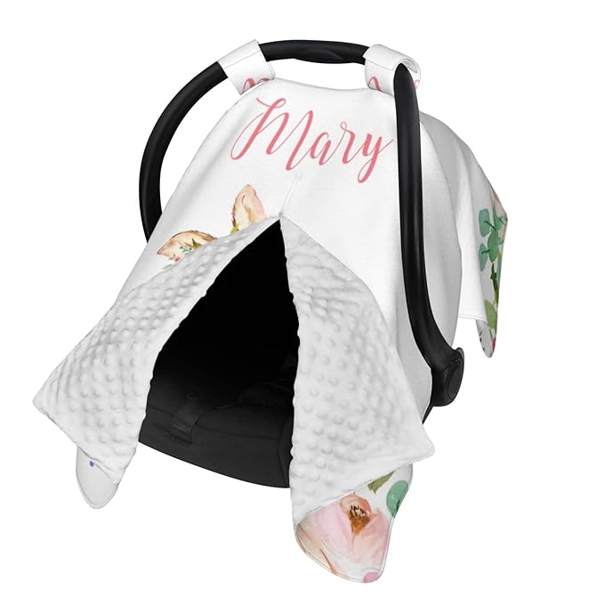 Personalized Baby Car Seat Canopy for Babies, Custom Name Car Seat Covers for Baby Girl, Floral Deer Opening Minky Nursing Breastfeeding Cover for Infant, Carseat Canopies for Newborn
