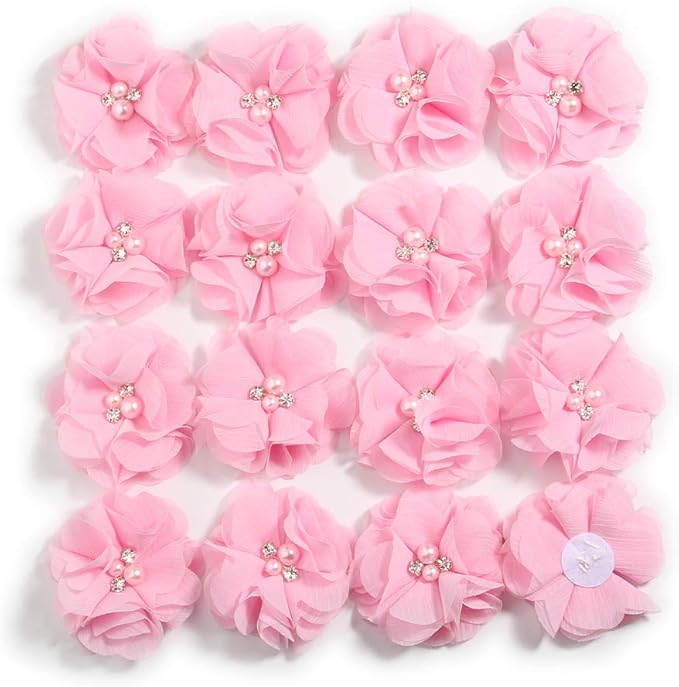 50 Pcs 2" Mini Chiffon Flowers with Rhinestones for Baby Girls Hair Accessories Artificial Fabric Flowers for Headbands Craft Projects (Pink)