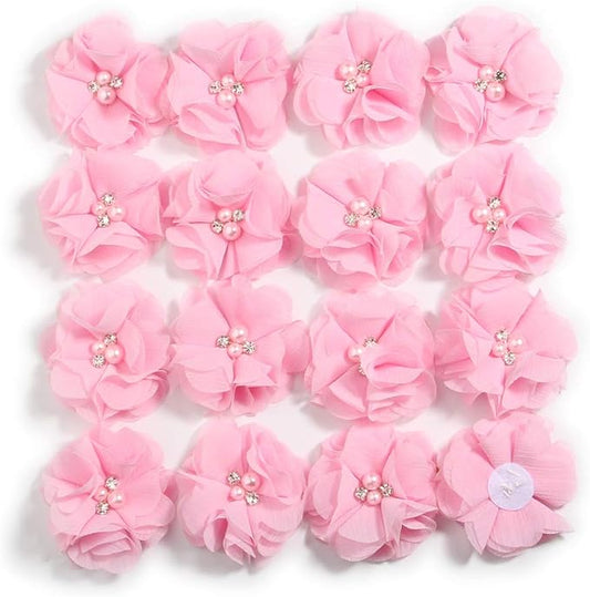50 Pcs 2" Mini Chiffon Flowers with Rhinestones for Baby Girls Hair Accessories Artificial Fabric Flowers for Headbands Craft Projects (Pink)