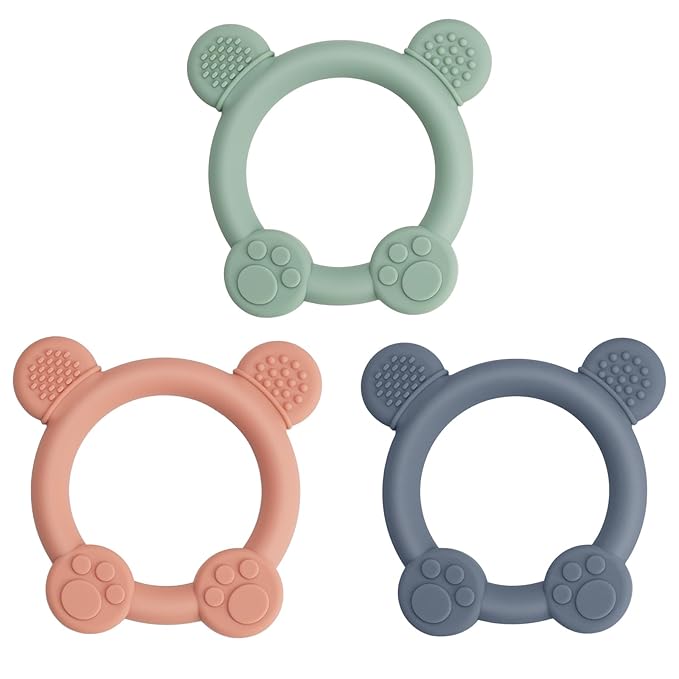 Meartchy 3 Pack Baby Teether, Bear-Shaped Silicone Teething Toys for Infants 0-24 Months, BPA-Free Chew Toys to Soothe Sore Gums (Pale Pink & Green & Blue)
